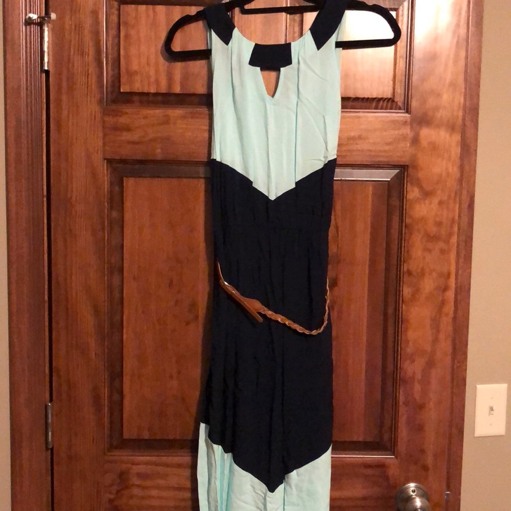 Long navy and pale teal dress with belt